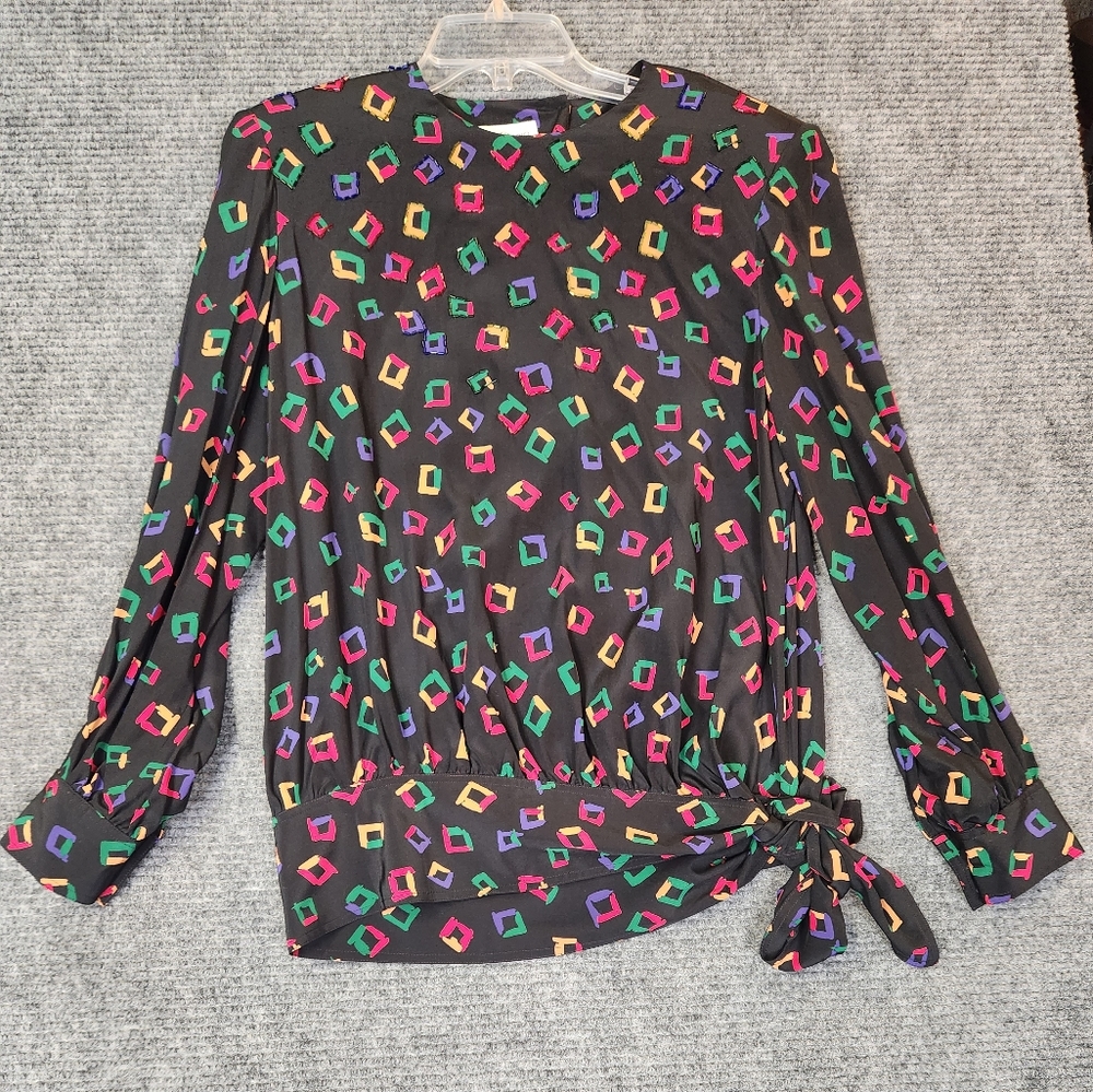 Vtg Julie Francis 80s Women Size 10 Colorful 100% Silk Geometric Shoulder Pads